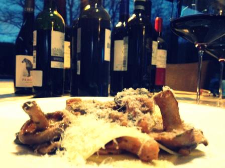 Taste testing Antonio Carluccio's mushroom raviolo with wine