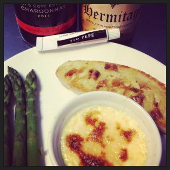 Parmesan custard, Sussex asparagus, anchovy toast - and wine