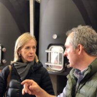 Susie talks winemaking with Liam, Danbury Ridge, September 2019